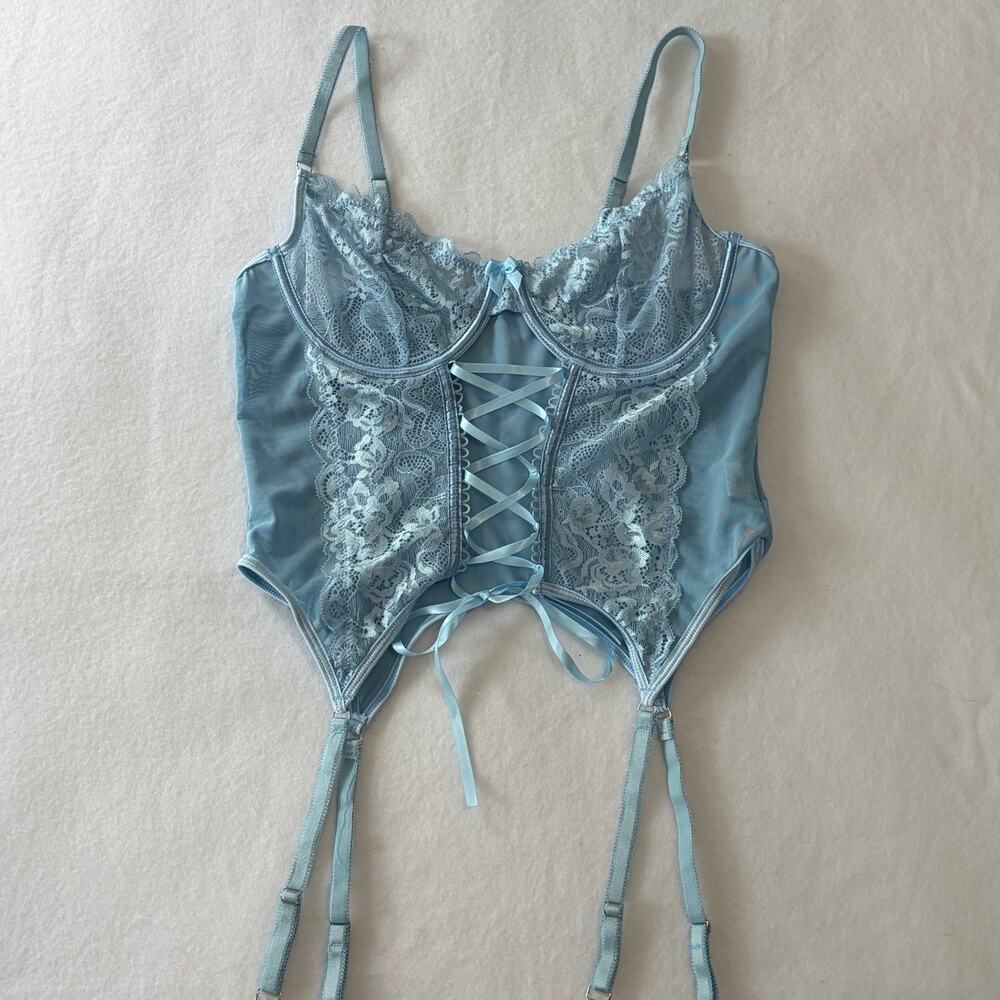 Womens Lingerie Teddy Size Large Baby Blue Lace Corset Lace Up Front Underwire